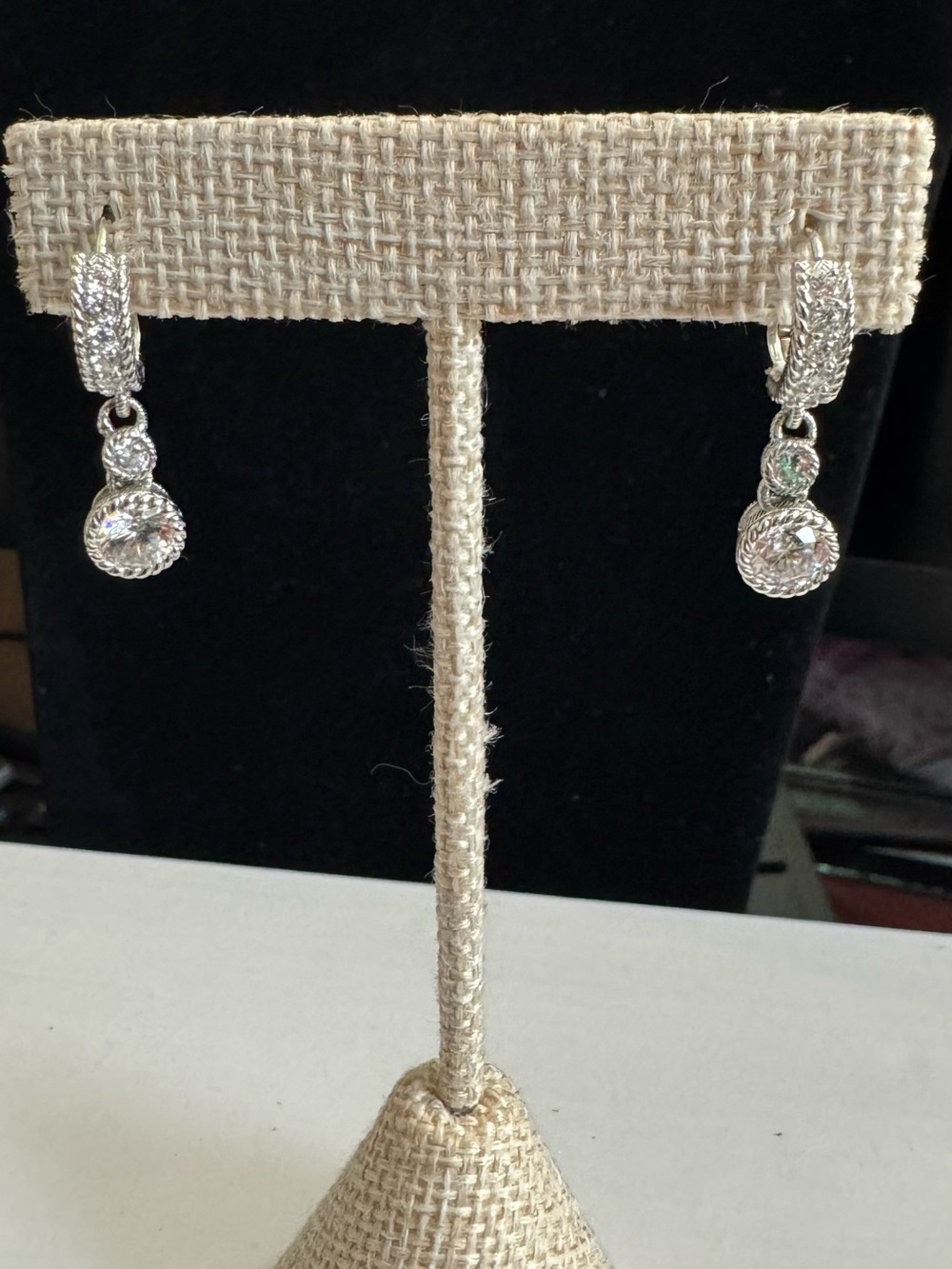 Judith Ripka 925 Silver Textured Drop Earrings w/2 Shimmering Diamonique Stones - Picture 6 of 9